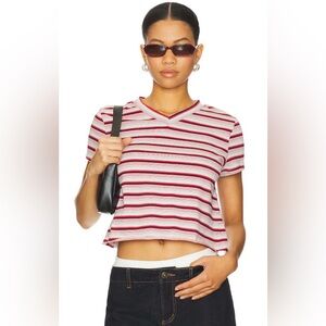 Lioness Red and White Striped V-Neck Cropped Tee